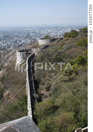 City of Jaipur and the fortification wall of Nahargarh Fort, Jaipur, Rajasthan, India 103877260
