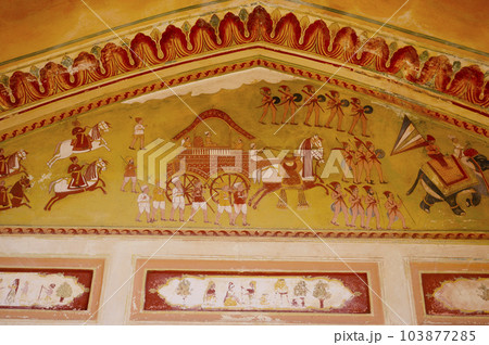 Colourful ceiling of small chhatri near Zanana Kund (Ladies Pool), situated in the premises of Galtaji Mandir, Jaipur, Rajasthan, India Colourful ceiling of small chhatri near Zanana Kund (Ladies Pool), situated in the premises of Galtaji Mandir, Jaipur, Rajasthan, India 103877285