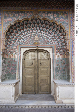 The Southeast Lotus Gate in Pritam Niwas Chowk, It is the inner courtyard, which provides access to the Chandra Mahal, City Palace, Jaipur, Rajasthan, India The Southeast Lotus Gate in Pritam Niwas Chowk, It is the inner courtyard, which provides access to the Chandra Mahal, City Palace, Jaipur, Rajasthan, India 103877350