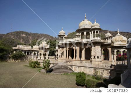 Gaitore Ki Chhatriyan, this site features traditional funeral monuments honouring royal men of the past, Maharaja Jai Singh II, the founder of Jaipur, Nahargarh Fort, located in Jaipur, Rajasthan, 103877380