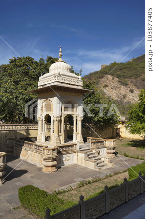Gaitore Ki Chhatriyan, this site features traditional funeral monuments honouring royal men of the past, Maharaja Jai Singh II, the founder of Jaipur, Nahargarh Fort, located in Jaipur, Rajasthan, Gaitore Ki Chhatriyan, this site features traditional funeral monuments honouring royal men of the past, Maharaja Jai Singh II, the founder of Jaipur, Nahargarh Fort, located in Jaipur, Rajasthan, 103877405