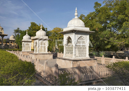 Cenotaphs of three maharanis of Maharaja Sawai Man Singh Second of Jaipur, situated in the complex of Maharaniyon Ki Chhatriyan, this site features traditional funeral monuments honouring royal women Cenotaphs of three maharanis of Maharaja Sawai Man Singh Second of Jaipur, situated in the complex of Maharaniyon Ki Chhatriyan, this site features traditional funeral monuments honouring royal women 103877411