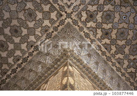 Intricate mirror glass work on walls and ceiling of Diwan-i-Khas or the hall of private audience. Also called as Sheesh Mahal or Glass Palace due to this work, Amer Palace, Jaipur, Rajasthan, India 103877446