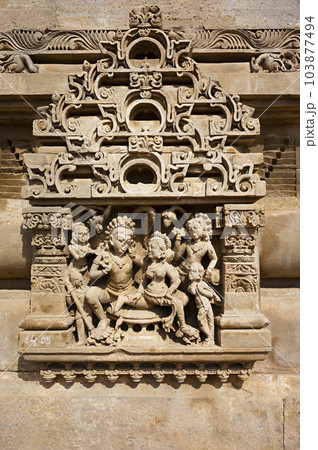 Carved stone idols on the outer wall of The Harshat Mata Temple, a Hindu temple dedicated to a goddess Harshat Mata, Abhaneri, Rajasthan, India Carved stone idols on the outer wall of The Harshat Mata Temple, a Hindu temple dedicated to a goddess Harshat Mata, Abhaneri, Rajasthan, India 103877494