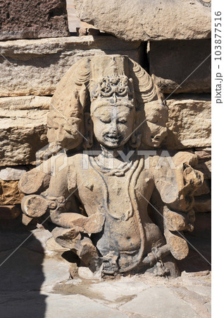 Carved idols on the pillar of Harshnath Temple, an ancient Hindu temple dedicated to Lord Shiva, situated on the top of a hill at Harsh Ki Pahadi, dated 973 CE, Sikar, Rajasthan, India 103877516