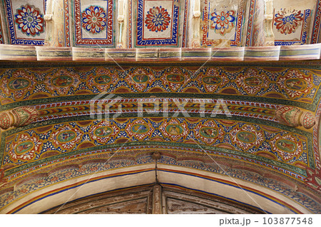 Ceiling fresco painting of an old Haveli in Shekhawati. Marwari merchants constructed grand havelis in the Shekhawati region dated 17th to 19th centuries richly decorated with painted murals, Ceiling fresco painting of an old Haveli in Shekhawati. Marwari merchants constructed grand havelis in the Shekhawati region dated 17th to 19th centuries richly decorated with painted murals, 103877548