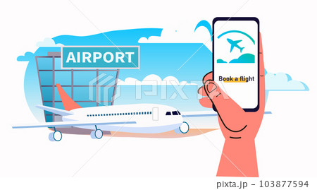 human hand using booking flight mobile app on smartphone airport terminal with aircraft flying plane taking off human hand using booking flight mobile app on smartphone airport terminal with aircraft flying plane taking off 103877594