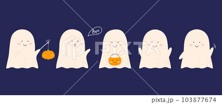 Set of cute Halloween ghosts. Vector illustration. Flat hand drawn style. Set of cute Halloween ghosts. Vector illustration. Flat hand drawn style. 103877674