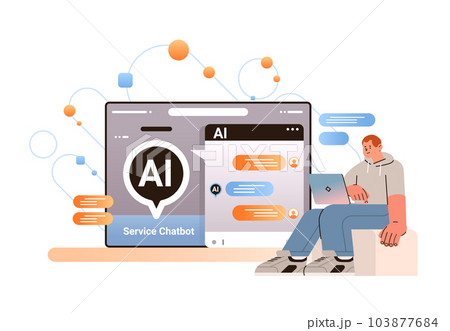 man having dialog with chat bot asking questions and receiving answers ai chatbot assistance customer service 103877684