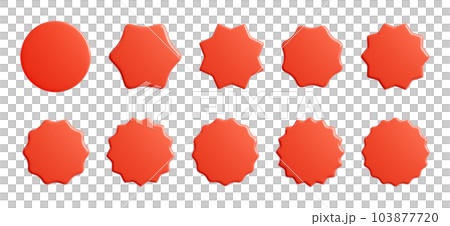 Red starburst sticker 3d render set - collection of round sun burst or star shape badges for promo. Price or offer label with copy space. Empty emblem for sale or discount concept. Red starburst sticker 3d render set - collection of round sun burst or star shape badges for promo. Price or offer label with copy space. Empty emblem for sale or discount concept. 103877720