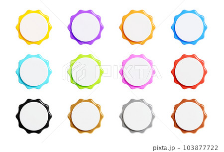 Starburst sticker 3d render set - collection of round sun burst or star shape badges for promo. Price or offer label with copy space. Empty emblem of different colours for sale or discount concept. 103877722