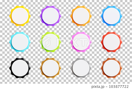 Starburst sticker 3d render set - collection of round sun burst or star shape badges for promo. Price or offer label with copy space. Empty emblem of different colours for sale or discount concept. 103877722