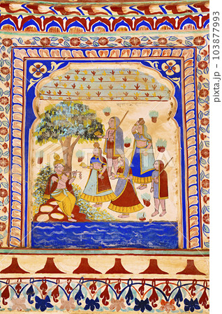 Colourful mythological paintings on the ceiling of Goenka Chhatri, situated near Shivgarh Fort, now converted in to a Heritage Hotel. It was built by Thakur Kesri Singh Ji in 1750, located in Dundlod, Colourful mythological paintings on the ceiling of Goenka Chhatri, situated near Shivgarh Fort, now converted in to a Heritage Hotel. It was built by Thakur Kesri Singh Ji in 1750, located in Dundlod, 103877993