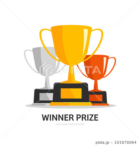 Winners podium with trophy cups. 103878064