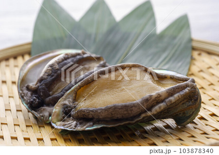 ザルの上に置いた新鮮で美味しい鮑 103878340