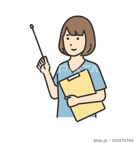 カルテと指さし棒を持つ看護師の女性のイラスト カルテと指さし棒を持つ看護師の女性のイラスト 103878390