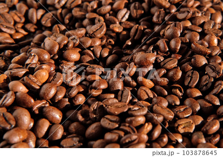 Coffee beans background. Texture of coffee beans close up. Dark brown roasted coffee is spinning. Abundance. Concept for coffee product advertising. Selective Focus. Border design with copy space 103878645