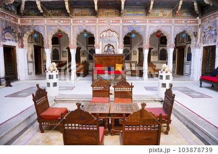 Interiors of the Mandawa haveli, now converted in to a Heritage Hotel, built in 1890, located in Mandawa, Shekhawati, Rajasthan, India Interiors of the Mandawa haveli, now converted in to a Heritage Hotel, built in 1890, located in Mandawa, Shekhawati, Rajasthan, India 103878739