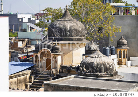 Old chhatris near Mandawa haveli, now converted in to a Heritage Hotel, built in 1890, located in Mandawa, Shekhawati, Rajasthan, India 103878747