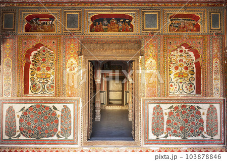 Colourful mythological paintings on the inner wall of Sone - Chandi Ki Dukaan, shop of gold and silver, Mahansar, Shekhawati, Rajasthan, India Colourful mythological paintings on the inner wall of Sone - Chandi Ki Dukaan, shop of gold and silver, Mahansar, Shekhawati, Rajasthan, India 103878846