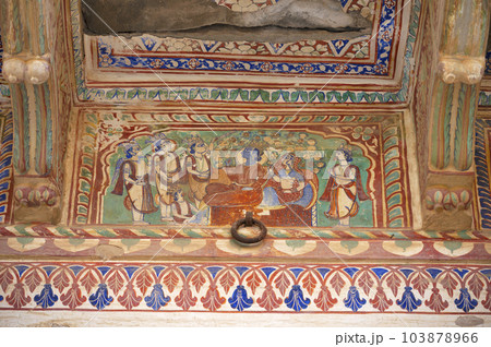 Colourful mythological paintings on the inner wall of Mahansar Castle built around 1768 A.D. In 2003 this castle converted in to a heritage hotel called Narayan Niwas Castle Fort Heritage Hotel. Colourful mythological paintings on the inner wall of Mahansar Castle built around 1768 A.D. In 2003 this castle converted in to a heritage hotel called Narayan Niwas Castle Fort Heritage Hotel. 103878966