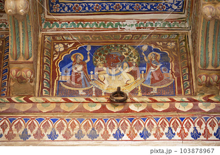 Colourful mythological paintings on the inner wall of Mahansar Castle built around 1768 A.D. In 2003 this castle converted in to a heritage hotel called Narayan Niwas Castle Fort Heritage Hotel. Colourful mythological paintings on the inner wall of Mahansar Castle built around 1768 A.D. In 2003 this castle converted in to a heritage hotel called Narayan Niwas Castle Fort Heritage Hotel. 103878967