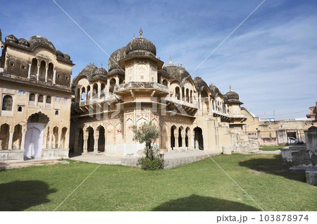 Exteriors of an old chhatri (cenotaph), Seth Anantram Podar and family ki smarak rupi chhatri, located in Ramgarh, Shekhawati, Rajasthan, India 103878974