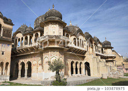 Exteriors of an old chhatri (cenotaph), Seth Anantram Podar and family ki smarak rupi chhatri, located in Ramgarh, Shekhawati, Rajasthan, India 103878975