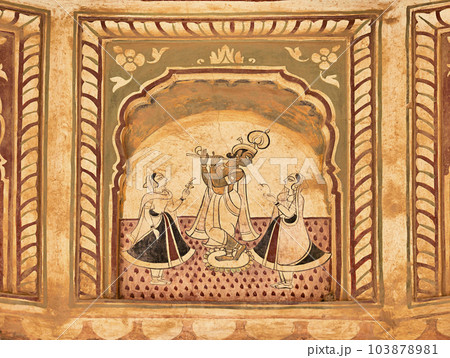 Colourful mythological paintings on the ceiling of an old chhatri (cenotaph), Seth Anantram Podar and family ki smarak rupi chhatri, located in Ramgarh, Shekhawati, Rajasthan, India Colourful mythological paintings on the ceiling of an old chhatri (cenotaph), Seth Anantram Podar and family ki smarak rupi chhatri, located in Ramgarh, Shekhawati, Rajasthan, India 103878981
