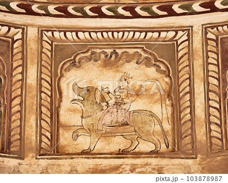 Colourful mythological paintings on the ceiling of an old chhatri (cenotaph), Seth Anantram Podar and family ki smarak rupi chhatri, located in Ramgarh, Shekhawati, Rajasthan, India Colourful mythological paintings on the ceiling of an old chhatri (cenotaph), Seth Anantram Podar and family ki smarak rupi chhatri, located in Ramgarh, Shekhawati, Rajasthan, India 103878987