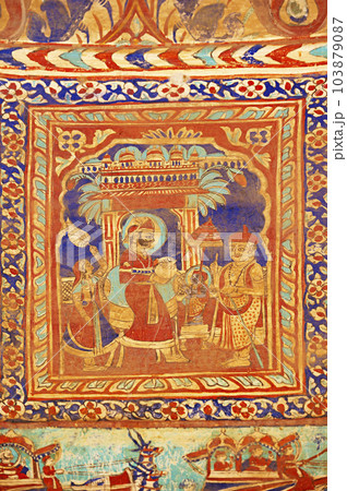 Colourful mythological paintings on the ceiling dome of Seth Ram Gopal Poddar Chhatri. 500 murals depicting lives of Lord Ram and Lord Krishna, built 150 years ago, located in Ramgarh, Shekhawati, 103879087