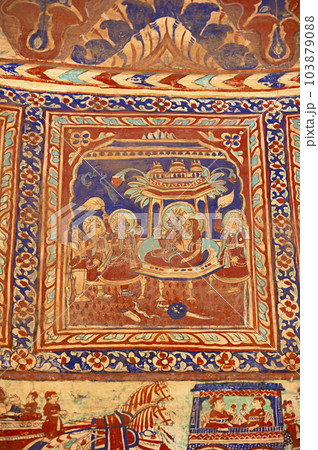 Colourful mythological paintings on the ceiling dome of Seth Ram Gopal Poddar Chhatri. 500 murals depicting lives of Lord Ram and Lord Krishna, built 150 years ago, located in Ramgarh, Shekhawati, Colourful mythological paintings on the ceiling dome of Seth Ram Gopal Poddar Chhatri. 500 murals depicting lives of Lord Ram and Lord Krishna, built 150 years ago, located in Ramgarh, Shekhawati, 103879088