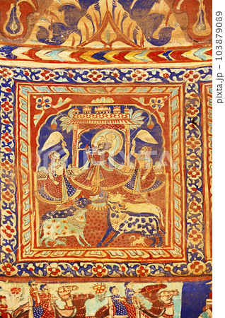 Colourful mythological paintings on the ceiling dome of Seth Ram Gopal Poddar Chhatri. 500 murals depicting lives of Lord Ram and Lord Krishna, built 150 years ago, located in Ramgarh, Shekhawati, 103879089