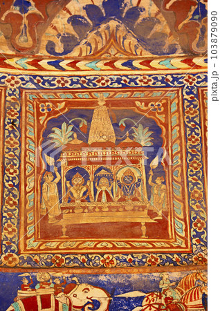 Colourful mythological paintings on the ceiling dome of Seth Ram Gopal Poddar Chhatri. 500 murals depicting lives of Lord Ram and Lord Krishna, built 150 years ago, located in Ramgarh, Shekhawati, Colourful mythological paintings on the ceiling dome of Seth Ram Gopal Poddar Chhatri. 500 murals depicting lives of Lord Ram and Lord Krishna, built 150 years ago, located in Ramgarh, Shekhawati, 103879090