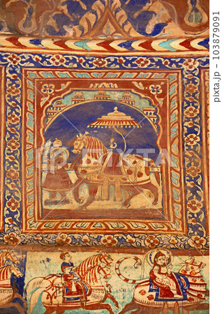 Colourful mythological paintings on the ceiling dome of Seth Ram Gopal Poddar Chhatri. 500 murals depicting lives of Lord Ram and Lord Krishna, built 150 years ago, located in Ramgarh, Shekhawati, Colourful mythological paintings on the ceiling dome of Seth Ram Gopal Poddar Chhatri. 500 murals depicting lives of Lord Ram and Lord Krishna, built 150 years ago, located in Ramgarh, Shekhawati, 103879091