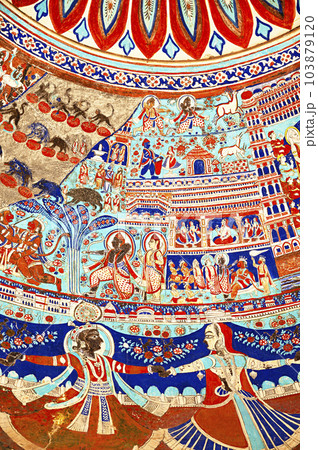 Colourful mythological paintings on the ceiling dome of Seth Ram Gopal Poddar Chhatri. 500 murals depicting lives of Lord Ram and Lord Krishna, built 150 years ago, located in Ramgarh, Shekhawati, Colourful mythological paintings on the ceiling dome of Seth Ram Gopal Poddar Chhatri. 500 murals depicting lives of Lord Ram and Lord Krishna, built 150 years ago, located in Ramgarh, Shekhawati, 103879120
