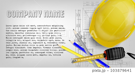 Top view yellow helmet hat on blank plan and calculator for engineering contractor and construction graphic flat design background vector illustration Top view yellow helmet hat on blank plan and calculator for engineering contractor and construction graphic flat design background vector illustration 103879641