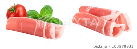 Italian prosciutto crudo or spanish jamon. Raw ham isolated on white background with full depth of field. Italian prosciutto crudo or spanish jamon. Raw ham isolated on white background with full depth of field. 103879933