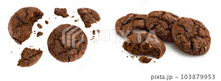 chocolate cookies broken isolated on white background with full depth of field. Top view. Flat lay chocolate cookies broken isolated on white background with full depth of field. Top view. Flat lay 103879953