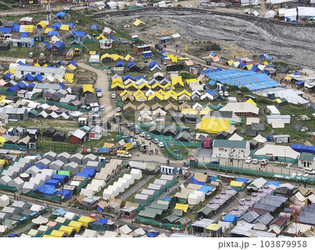 INDIA, KASHMIR, GANDERBAL DISTRICT, June 2022, Devotees with huge sprawling base camp at Baltal, start point for Amarnath Yatra.. 103879958
