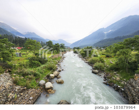 Lidder River from Pahalgam against mountainscape, Kashmir, India.. 103879964