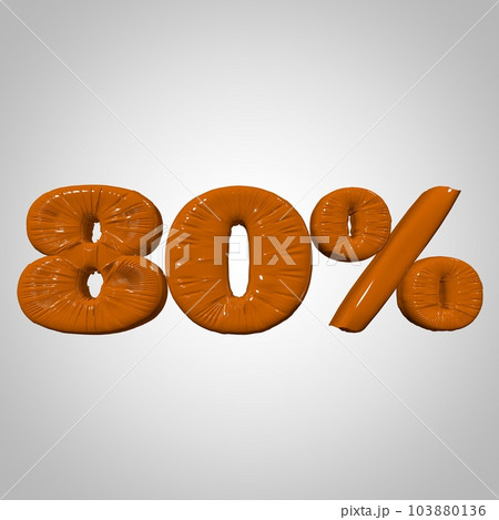 Inflated plastic square illustration of volumetric glossy deformed 3D render of orange 80 percent sign symbol on white gradient background. Balloon metallic. Beautiful volumetric percent sign symbol 103880136