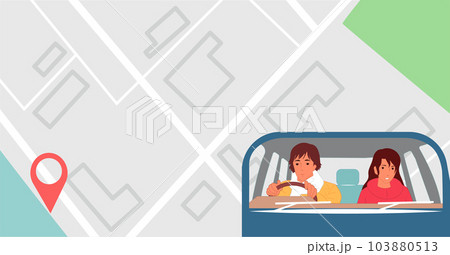 A girl and a guy are driving in a car around the city 103880513