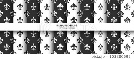 Vector Seamless Pattern with Vintage 3d Realistic White and Black Fleur De Lis. Heraldic Lily Texture, Retro Pattern for Wallpaper, Textile. Vector Illustration 103880693