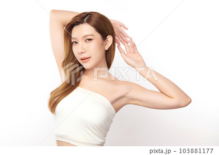 Beautiful Young Asian Woman Lifting Hands Up To Show Off Clean And