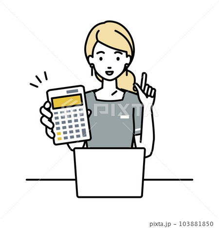座ってデスクでノートPCを開いて電卓を持ってこちらに向けて見せているエステ店員・受付・接客係の女性 103881850