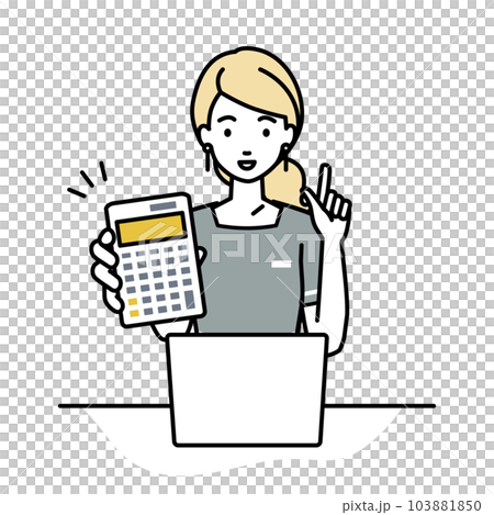 座ってデスクでノートPCを開いて電卓を持ってこちらに向けて見せているエステ店員・受付・接客係の女性 103881850