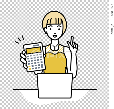 A woman in a dress sitting at her desk, opening her laptop, holding a calculator, and showing it to us 103881973