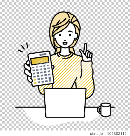 座ってデスクでノートPCを開いて電卓を持ってこちらに向けて見せているスウェットの女性 103882112