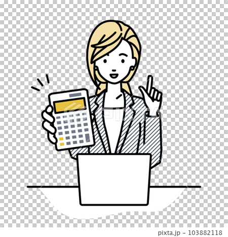 A woman in a suit sitting at her desk, opening her laptop, holding a calculator, and showing it to me 103882118